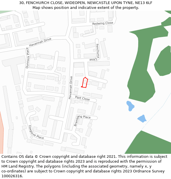 30, FENCHURCH CLOSE, WIDEOPEN, NEWCASTLE UPON TYNE, NE13 6LF: Location map and indicative extent of plot