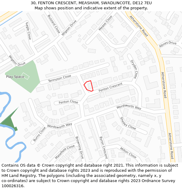 30, FENTON CRESCENT, MEASHAM, SWADLINCOTE, DE12 7EU: Location map and indicative extent of plot