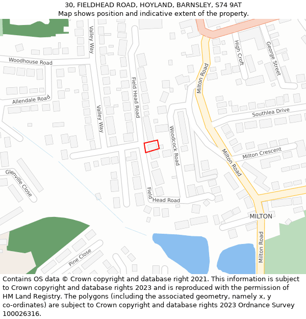 30, FIELDHEAD ROAD, HOYLAND, BARNSLEY, S74 9AT: Location map and indicative extent of plot