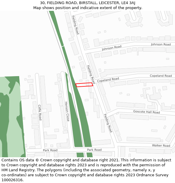 30, FIELDING ROAD, BIRSTALL, LEICESTER, LE4 3AJ: Location map and indicative extent of plot