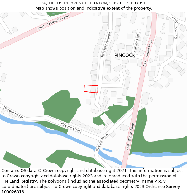 30, FIELDSIDE AVENUE, EUXTON, CHORLEY, PR7 6JF: Location map and indicative extent of plot