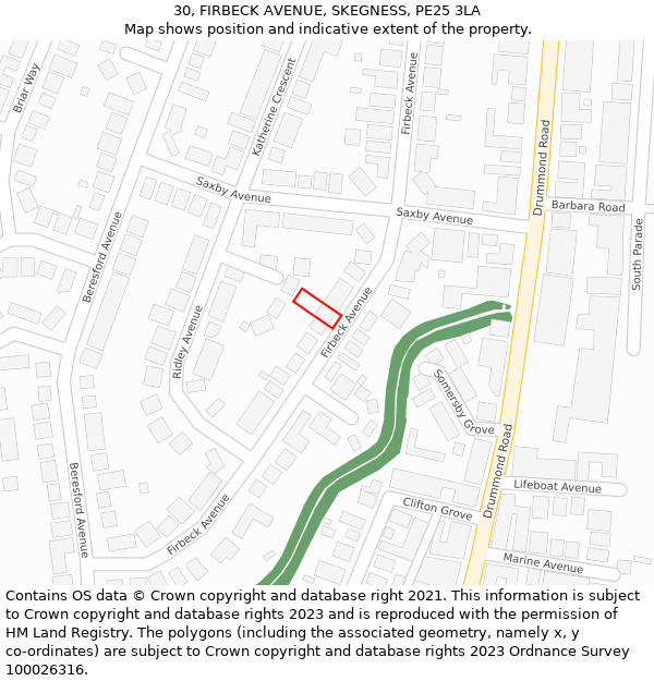 30, FIRBECK AVENUE, SKEGNESS, PE25 3LA: Location map and indicative extent of plot