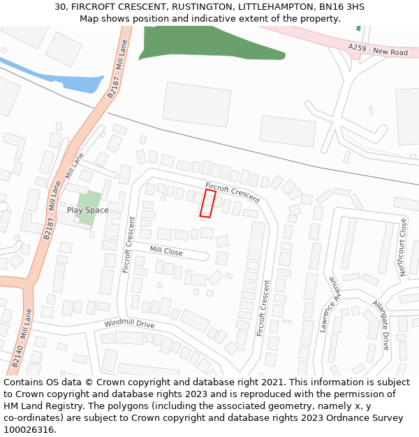 30, FIRCROFT CRESCENT, RUSTINGTON, LITTLEHAMPTON, BN16 3HS: Location map and indicative extent of plot