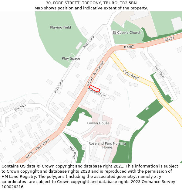 30, FORE STREET, TREGONY, TRURO, TR2 5RN: Location map and indicative extent of plot