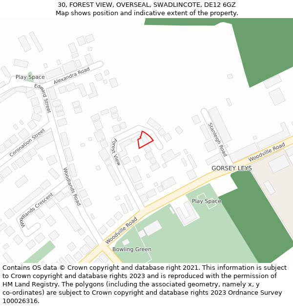 30, FOREST VIEW, OVERSEAL, SWADLINCOTE, DE12 6GZ: Location map and indicative extent of plot