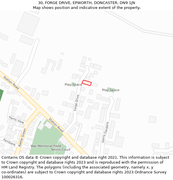 30, FORGE DRIVE, EPWORTH, DONCASTER, DN9 1JN: Location map and indicative extent of plot