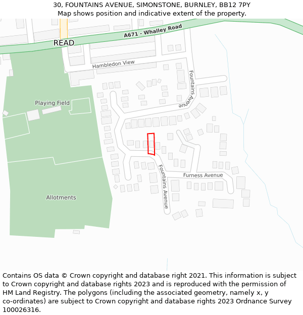 30, FOUNTAINS AVENUE, SIMONSTONE, BURNLEY, BB12 7PY: Location map and indicative extent of plot