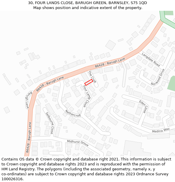 30, FOUR LANDS CLOSE, BARUGH GREEN, BARNSLEY, S75 1QD: Location map and indicative extent of plot