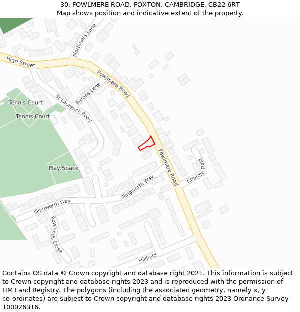 30, FOWLMERE ROAD, FOXTON, CAMBRIDGE, CB22 6RT: Location map and indicative extent of plot