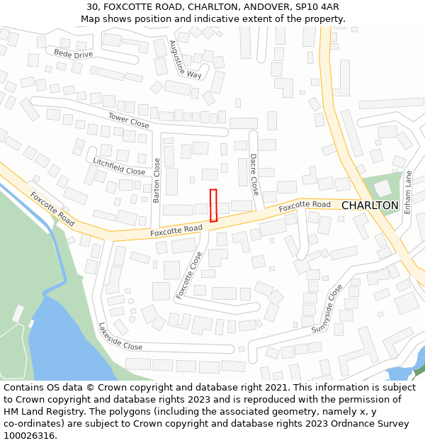 30, FOXCOTTE ROAD, CHARLTON, ANDOVER, SP10 4AR: Location map and indicative extent of plot