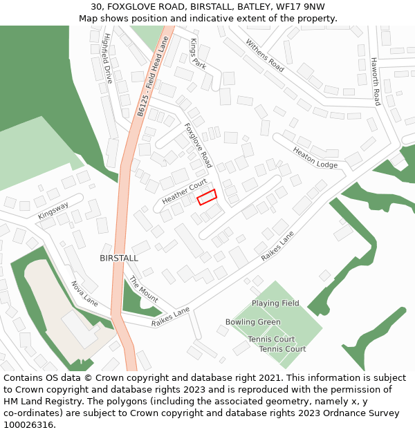 30, FOXGLOVE ROAD, BIRSTALL, BATLEY, WF17 9NW: Location map and indicative extent of plot