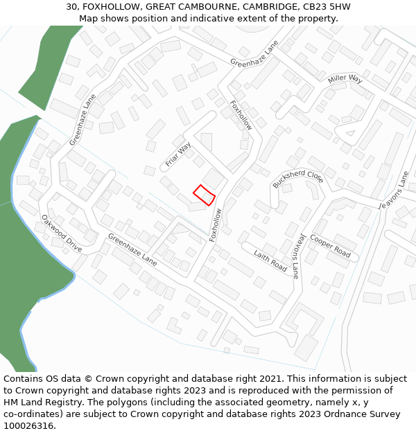 30, FOXHOLLOW, GREAT CAMBOURNE, CAMBRIDGE, CB23 5HW: Location map and indicative extent of plot