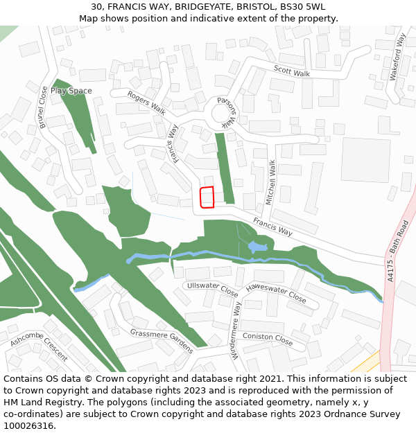 30, FRANCIS WAY, BRIDGEYATE, BRISTOL, BS30 5WL: Location map and indicative extent of plot