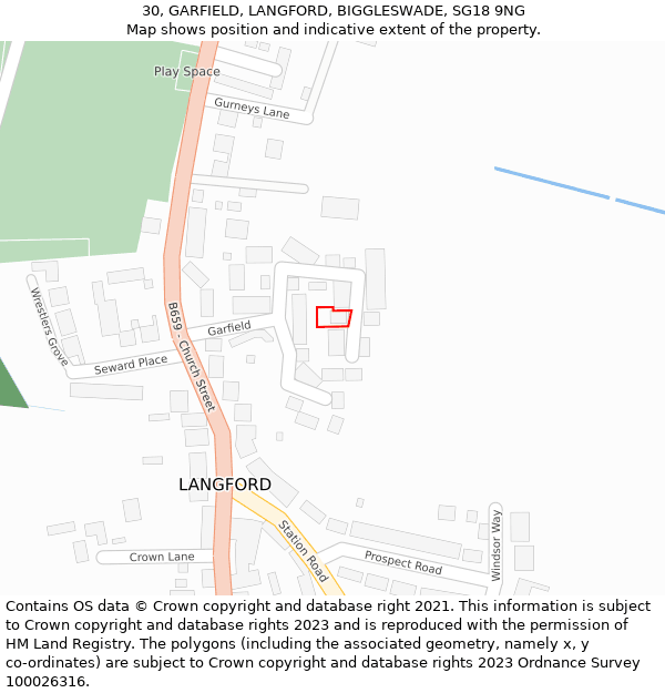 30, GARFIELD, LANGFORD, BIGGLESWADE, SG18 9NG: Location map and indicative extent of plot