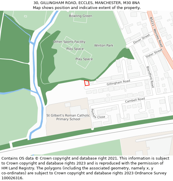 30, GILLINGHAM ROAD, ECCLES, MANCHESTER, M30 8NA: Location map and indicative extent of plot