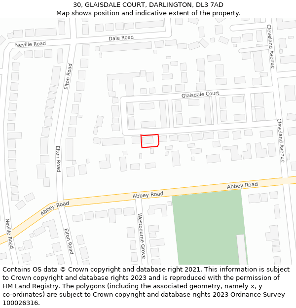 30, GLAISDALE COURT, DARLINGTON, DL3 7AD: Location map and indicative extent of plot