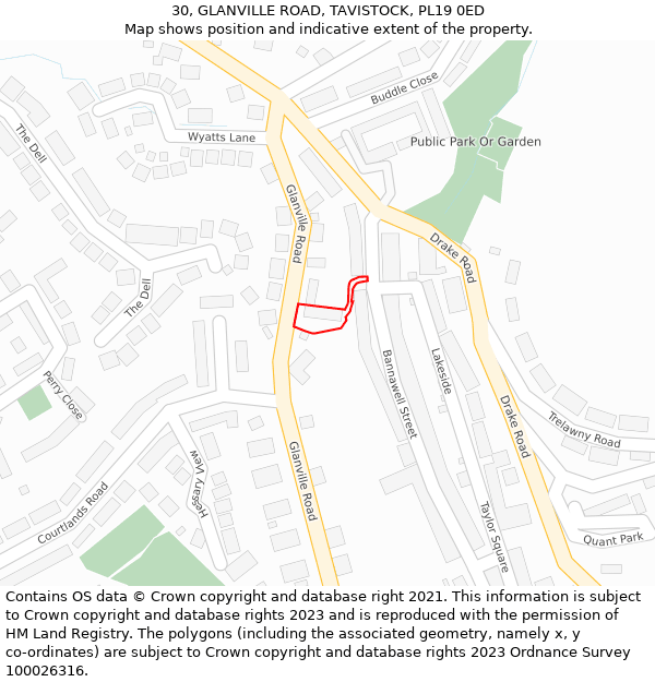 30, GLANVILLE ROAD, TAVISTOCK, PL19 0ED: Location map and indicative extent of plot