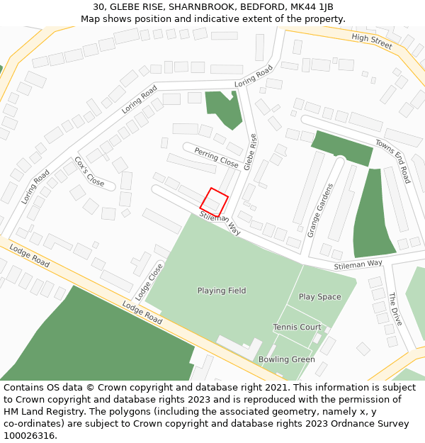 30, GLEBE RISE, SHARNBROOK, BEDFORD, MK44 1JB: Location map and indicative extent of plot