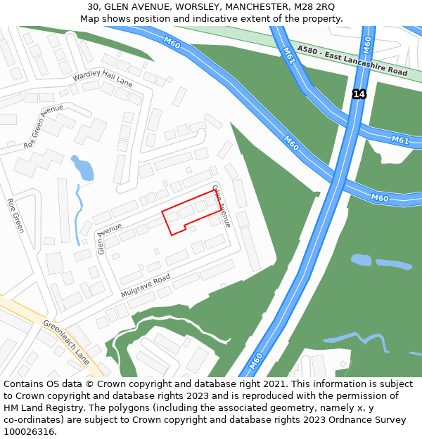 30, GLEN AVENUE, WORSLEY, MANCHESTER, M28 2RQ: Location map and indicative extent of plot