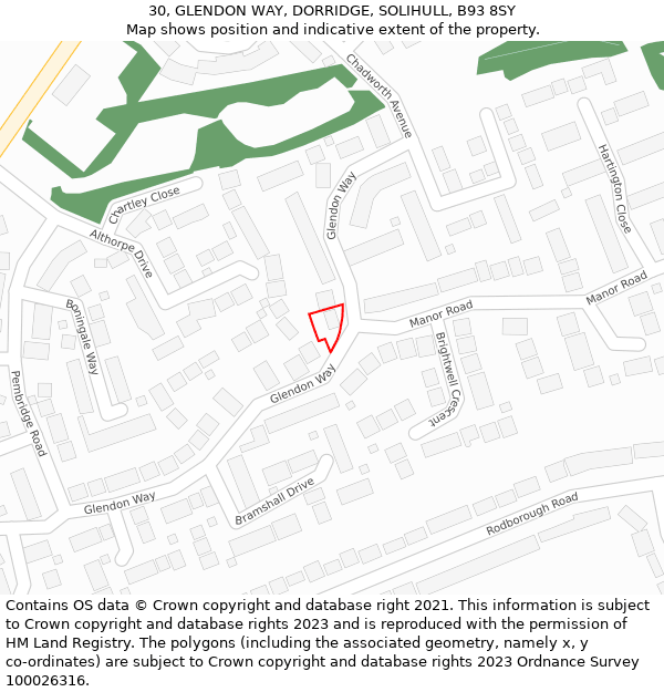 30, GLENDON WAY, DORRIDGE, SOLIHULL, B93 8SY: Location map and indicative extent of plot