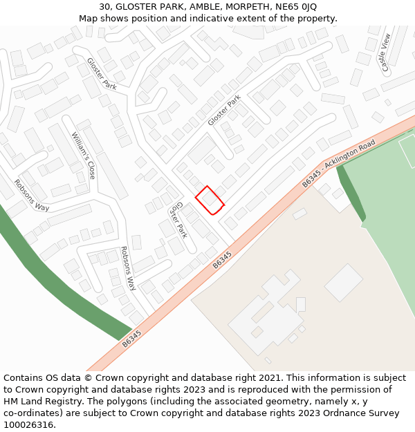 30, GLOSTER PARK, AMBLE, MORPETH, NE65 0JQ: Location map and indicative extent of plot