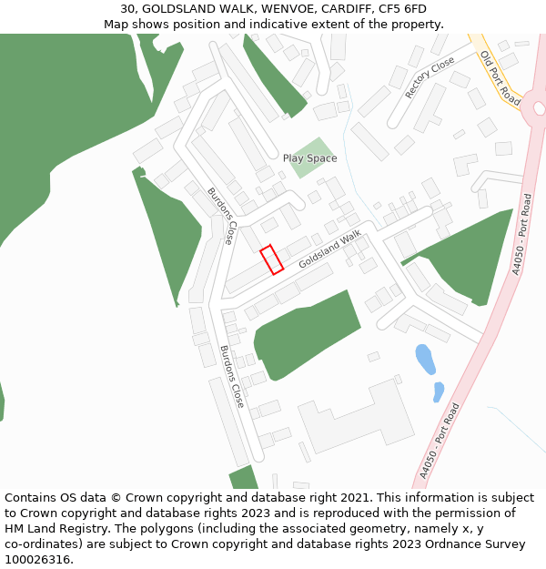 30, GOLDSLAND WALK, WENVOE, CARDIFF, CF5 6FD: Location map and indicative extent of plot