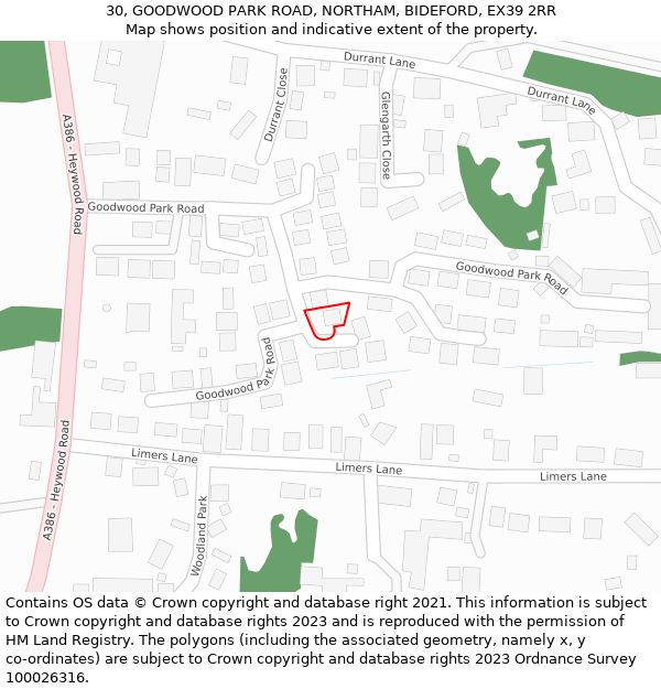 30, GOODWOOD PARK ROAD, NORTHAM, BIDEFORD, EX39 2RR: Location map and indicative extent of plot