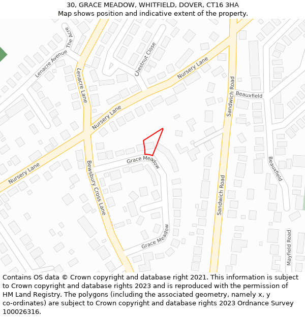 30, GRACE MEADOW, WHITFIELD, DOVER, CT16 3HA: Location map and indicative extent of plot