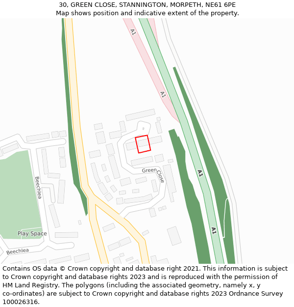 30, GREEN CLOSE, STANNINGTON, MORPETH, NE61 6PE: Location map and indicative extent of plot