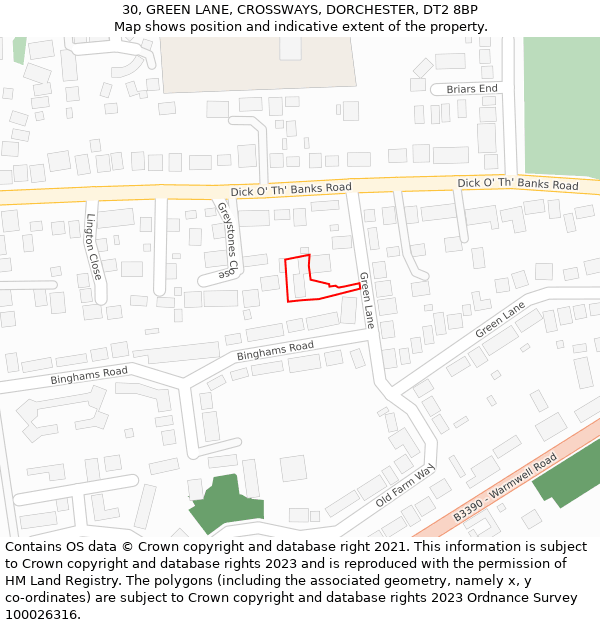 30, GREEN LANE, CROSSWAYS, DORCHESTER, DT2 8BP: Location map and indicative extent of plot