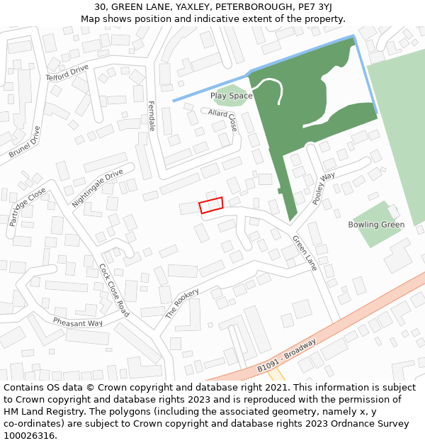 30, GREEN LANE, YAXLEY, PETERBOROUGH, PE7 3YJ: Location map and indicative extent of plot