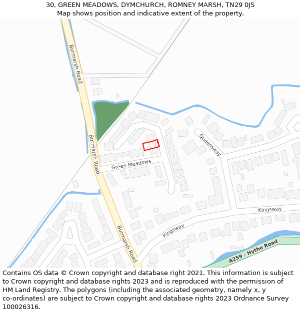 30, GREEN MEADOWS, DYMCHURCH, ROMNEY MARSH, TN29 0JS: Location map and indicative extent of plot