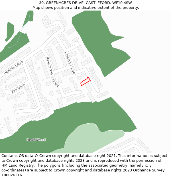 30, GREENACRES DRIVE, CASTLEFORD, WF10 4SW: Location map and indicative extent of plot