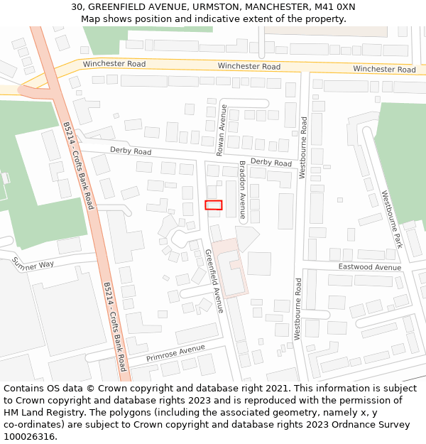 30, GREENFIELD AVENUE, URMSTON, MANCHESTER, M41 0XN: Location map and indicative extent of plot