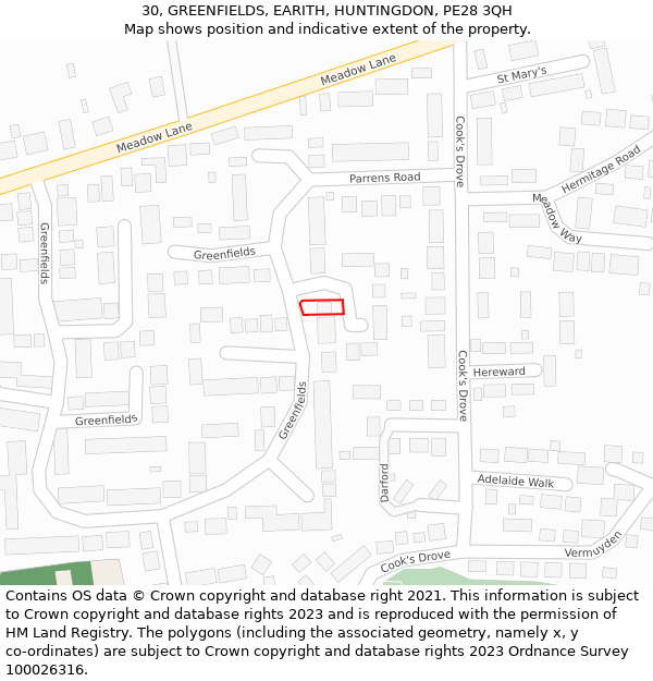 30, GREENFIELDS, EARITH, HUNTINGDON, PE28 3QH: Location map and indicative extent of plot