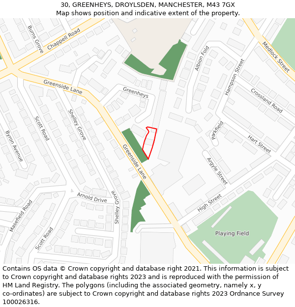 30, GREENHEYS, DROYLSDEN, MANCHESTER, M43 7GX: Location map and indicative extent of plot