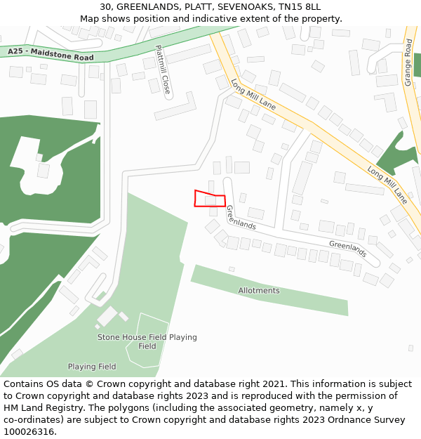 30, GREENLANDS, PLATT, SEVENOAKS, TN15 8LL: Location map and indicative extent of plot