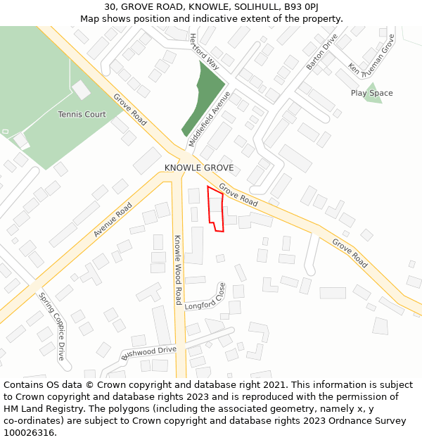 30, GROVE ROAD, KNOWLE, SOLIHULL, B93 0PJ: Location map and indicative extent of plot