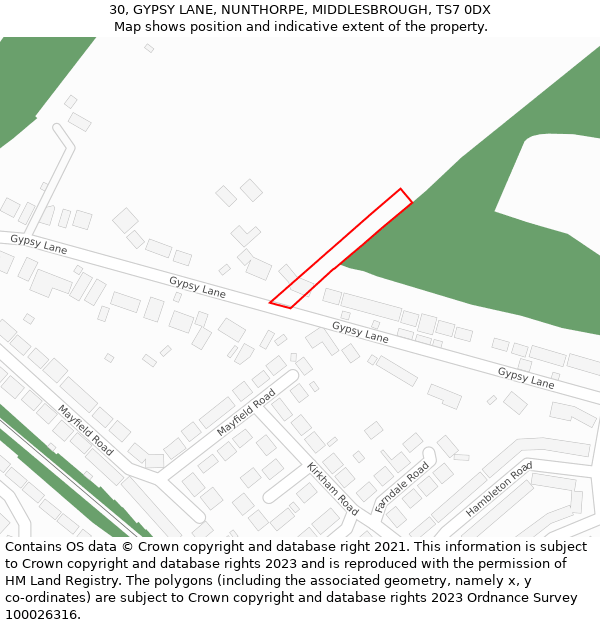 30, GYPSY LANE, NUNTHORPE, MIDDLESBROUGH, TS7 0DX: Location map and indicative extent of plot