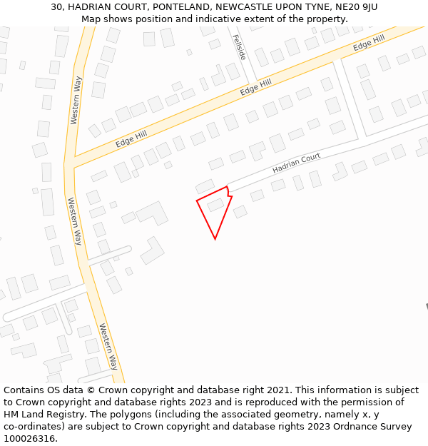 30, HADRIAN COURT, PONTELAND, NEWCASTLE UPON TYNE, NE20 9JU: Location map and indicative extent of plot