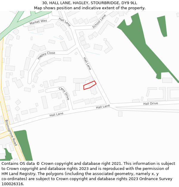 30, HALL LANE, HAGLEY, STOURBRIDGE, DY9 9LL: Location map and indicative extent of plot