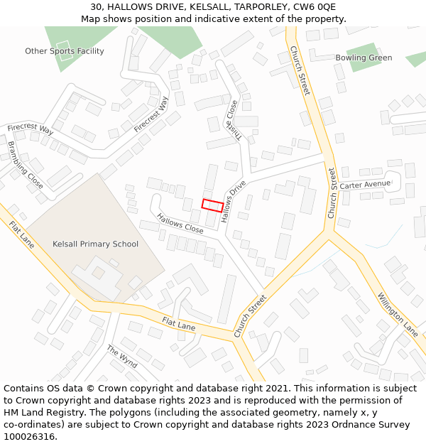 30, HALLOWS DRIVE, KELSALL, TARPORLEY, CW6 0QE: Location map and indicative extent of plot