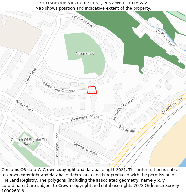 30, HARBOUR VIEW CRESCENT, PENZANCE, TR18 2AZ: Location map and indicative extent of plot