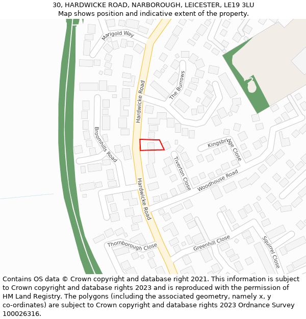30, HARDWICKE ROAD, NARBOROUGH, LEICESTER, LE19 3LU: Location map and indicative extent of plot