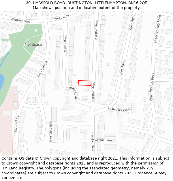 30, HARSFOLD ROAD, RUSTINGTON, LITTLEHAMPTON, BN16 2QE: Location map and indicative extent of plot