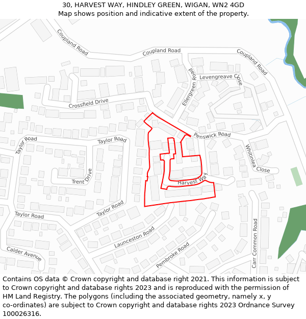 30, HARVEST WAY, HINDLEY GREEN, WIGAN, WN2 4GD: Location map and indicative extent of plot