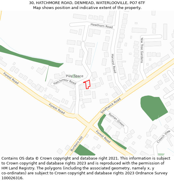 30, HATCHMORE ROAD, DENMEAD, WATERLOOVILLE, PO7 6TF: Location map and indicative extent of plot