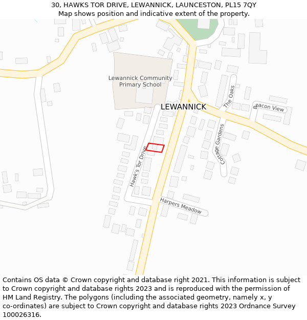 30, HAWKS TOR DRIVE, LEWANNICK, LAUNCESTON, PL15 7QY: Location map and indicative extent of plot