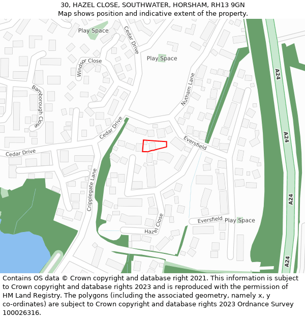 30, HAZEL CLOSE, SOUTHWATER, HORSHAM, RH13 9GN: Location map and indicative extent of plot