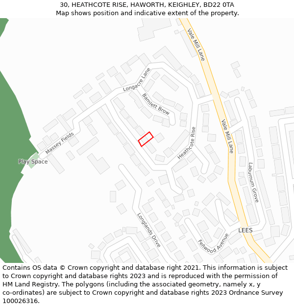 30, HEATHCOTE RISE, HAWORTH, KEIGHLEY, BD22 0TA: Location map and indicative extent of plot